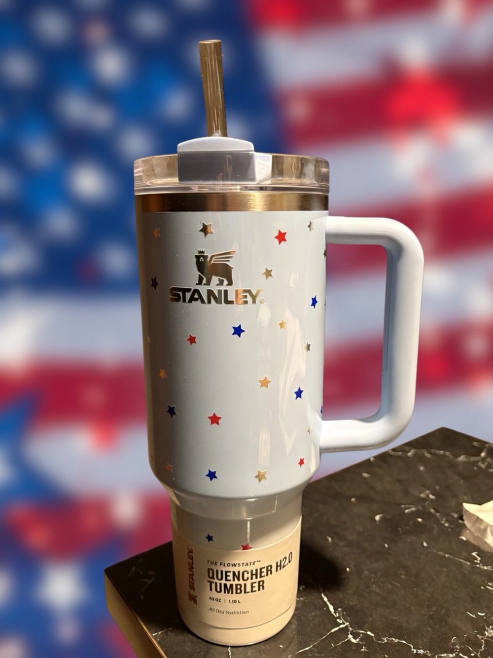 Stanley blue Tumbler with Multi-Colored Stars